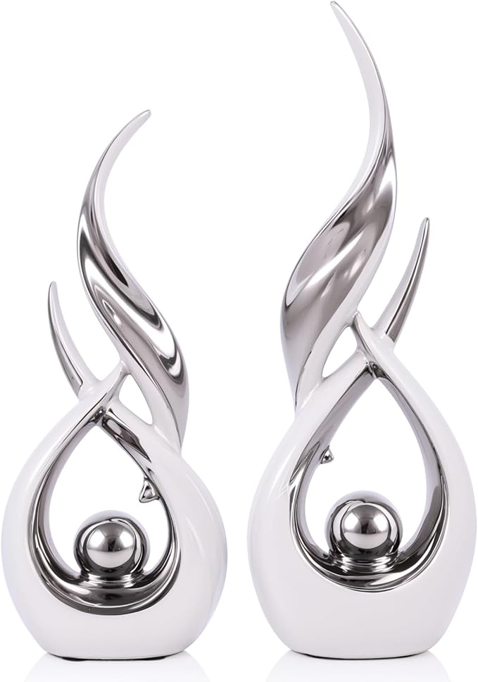 2 PCS White Silver Ceramic Statues For Home Decor Accents, Modern Abstract Art Sculptures, Elegant Tabletop Decorative Objects For Dining Room, Entryway, Tv Stand, Mantel, Coffee Table Centerpieces