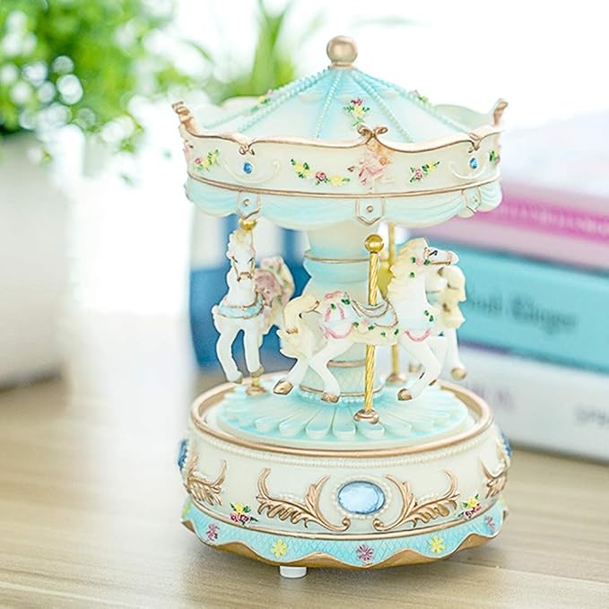 Carousel Music Box with 3 Rotating Horses, Color-Changing LED Lights, Wind-Up Clockwork 18-Note Melody, Small Resin Tabletop Decor, 5.9" Tall x 3.93" Dia (Blue)