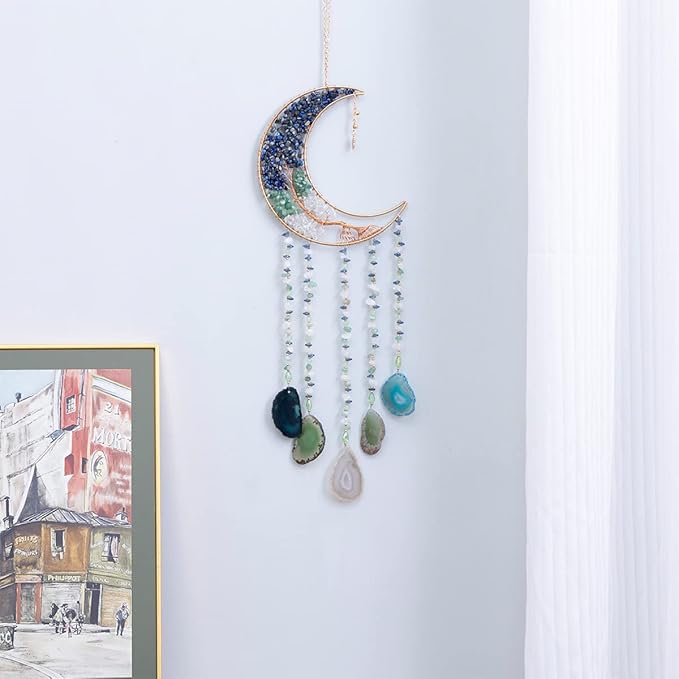 Boho Dream Catcher with Crystal Suncatcher, Handmade Dream Catchers for Adults Bedroom Decor, Moon Wall Hanging Bohemian Room Decor Spiritual Gift for Women