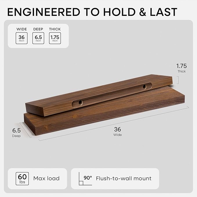 Homeforia Classic Walnut 36 inch Floating Shelf, High End Solid Real Wood Small 36inch Floating Shelves for Wall Mounted, 36in Floating Shelves, Heavy Duty Bracket, 36 X 6.5 X 1.75 inches, Set of 4