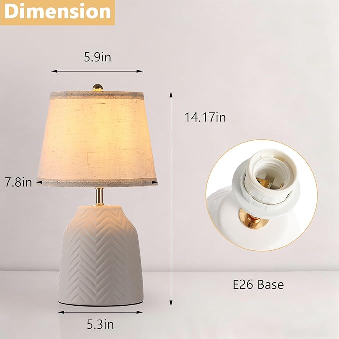 SOTTAE 14'' White Ceramic Table Lamp with Linen Fabric Shade, Leaf Patterned Ceramic Desk Lamp, Mid Century Modern Bedside Nightstand Lamp for Bedroom Living Room Reading Room