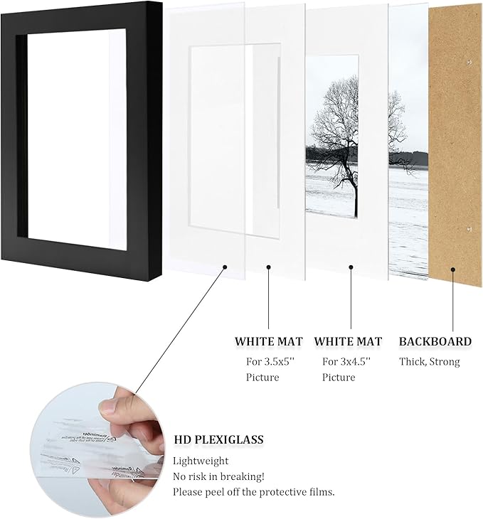 Egofine 4x6 Picture Frames Set of 4, Made of Solid Wood Covered by Plexiglass 3x4.5 and 3.5x5 with Mat or 4x6 without Mat, for Table Top Display and Wall Mounting Photo Frame Black