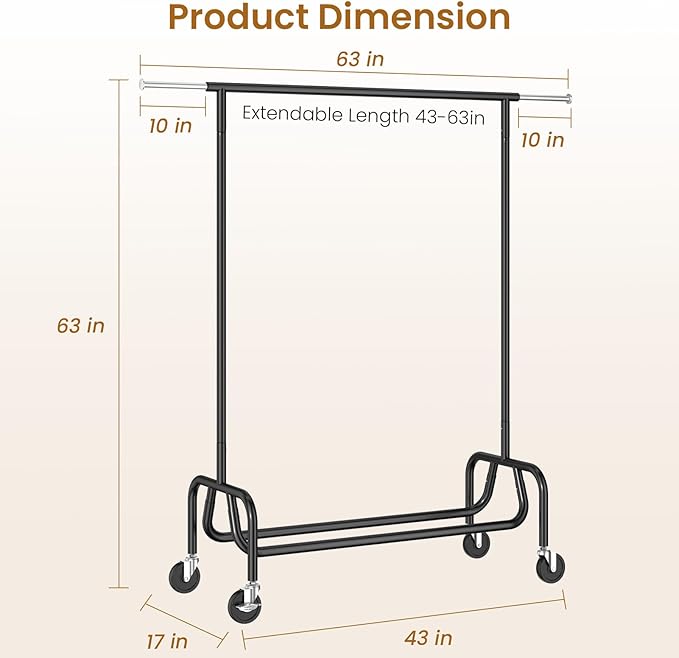 Clothes Rack with Wheels, Rolling Clothing Rack with Shelf, Heavy Duty Clothes Racks for Hanging Clothes, Metal Standing Garment Racks, Black