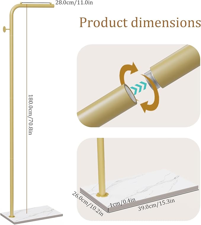 OUTBROS Coat Rack, Portable L-shaped Clothes Rack with Hook, Modern Hanger, Sturdy Freestanding Metal Clothing Rack, Used in Bedroom, Entrance and Living Room, 15.3 x 10.2 x 70.8 inch, Gold