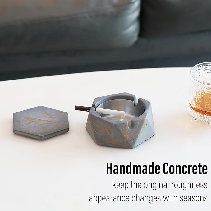 FREELOVE Concrete Ashtray with Lid & Stainless Steel Ashtrays for Cigarettes, Cement Ash Tray Smoking Holder Indoor Smokeless Outdoor Windproof Patio Home Office Cool Decor(Grey-Gold, Small)