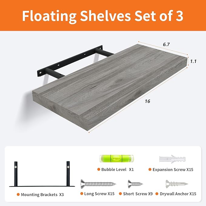 Upassion Floating Shelves for Wall Set of 3, 16" Gray Wall Shelves for Home Decor, Frame Display Floating Shelf for Living Room, Bedroom, Bathroom, Kitchen