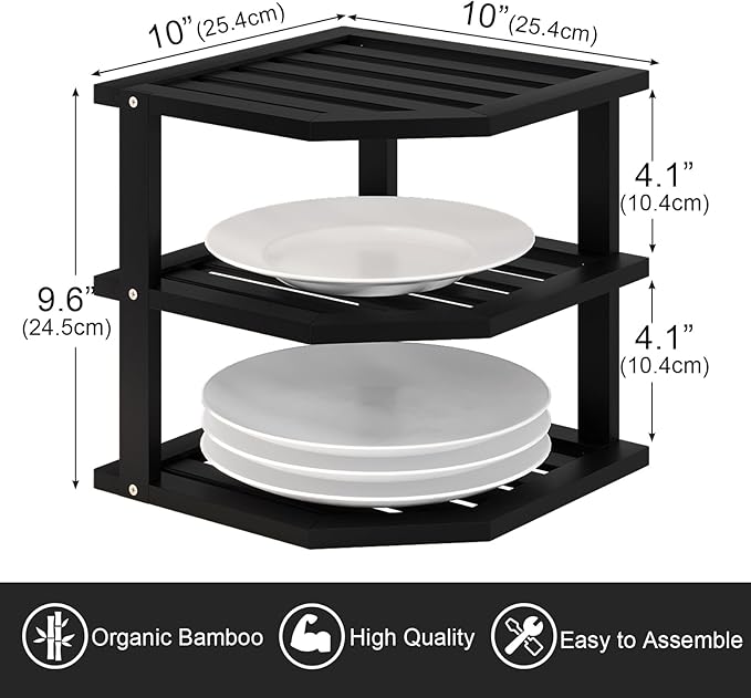 VERTORGAN 3 Tier Bamboo Corner Shelf(2 Pack),Dish Drying Rack,Plate Organizer,Kitchen Spice Rack for Countertop and Cabinet(Black)