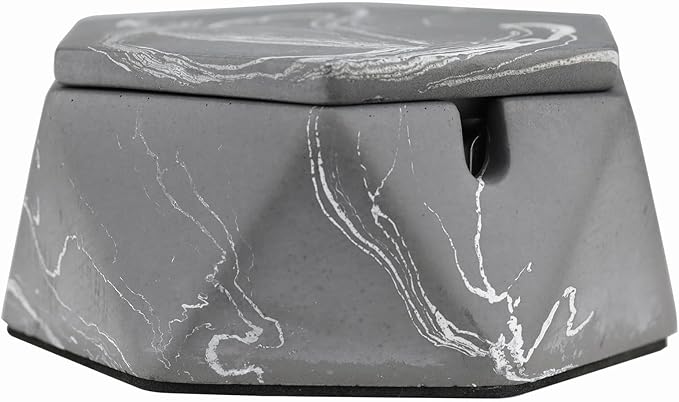 FREELOVE Concrete Ashtray with Lid & Stainless Steel Ashtrays for Cigarettes, Cement Ash Tray Smoking Holder Indoor Smokeless Outdoor Windproof Patio Home Office Cool Decor(Grey-White, Small)