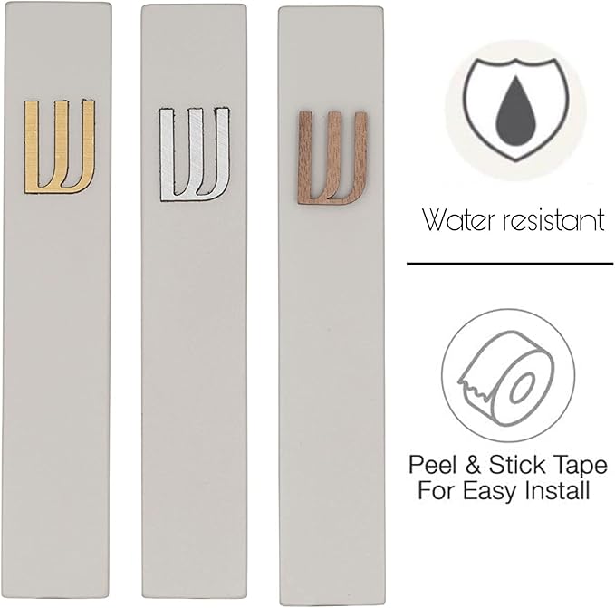 A&S Mezuzot Modern Concrete Mezuzah Case with Scroll, Easy Peel and Stick Mezuza (Grey+ Gold Shin, 9 Inches)