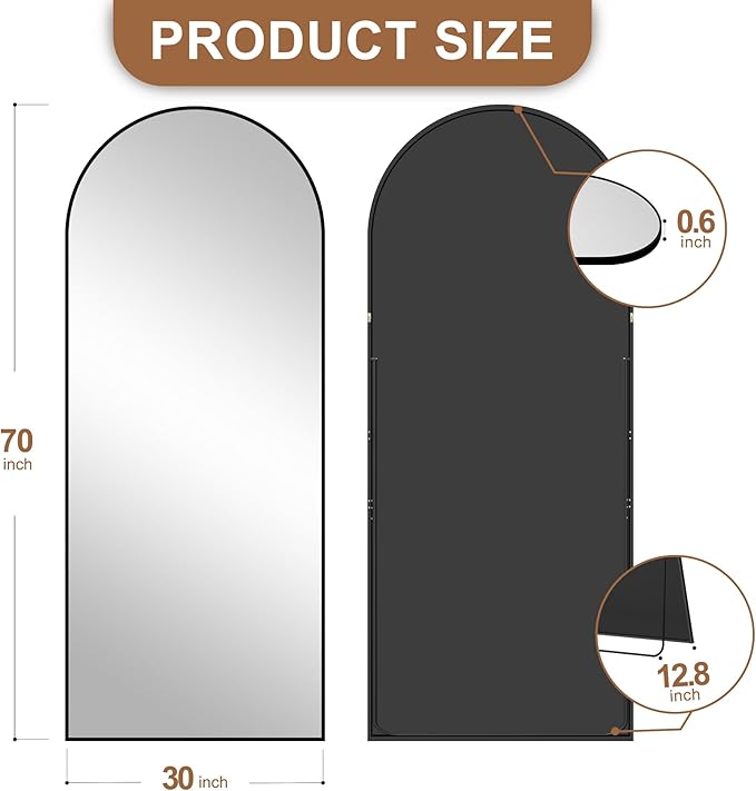 Delma Full Length Mirror, Large Floor Mirror for Wall, Bedroom, Bathroom, Living Room with Aluminium Frame (Stand, Arch 70x30, Black)