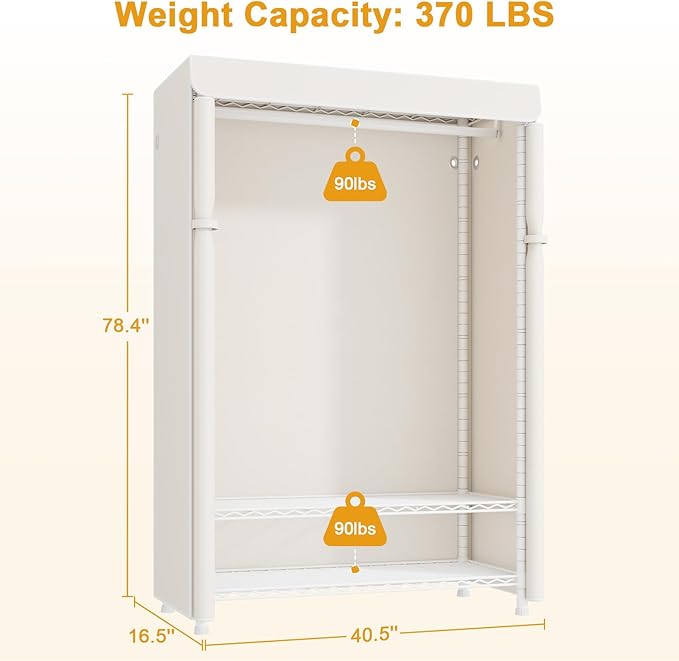 H5C Plus Clothes Rack with Cover, Portable Closet for Hanging Clothes, Covered Clothing Racks Heavy Duty, 3-Tiers Garment Rack with Shelves Max Load 370LBS White Closet Rack with White Cover