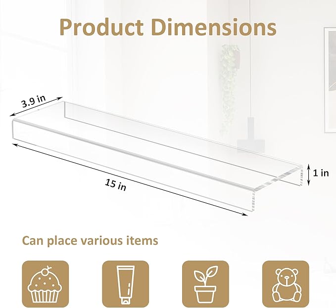 Acrylic Shelf Riser 15x3.9x1 pack of 2, Countertop Acrylic Display Storage Organizer for Shoes, Glasses, Plants, Home Decors, Perfume, Books, Dolls, 15x3.9x1 Inch