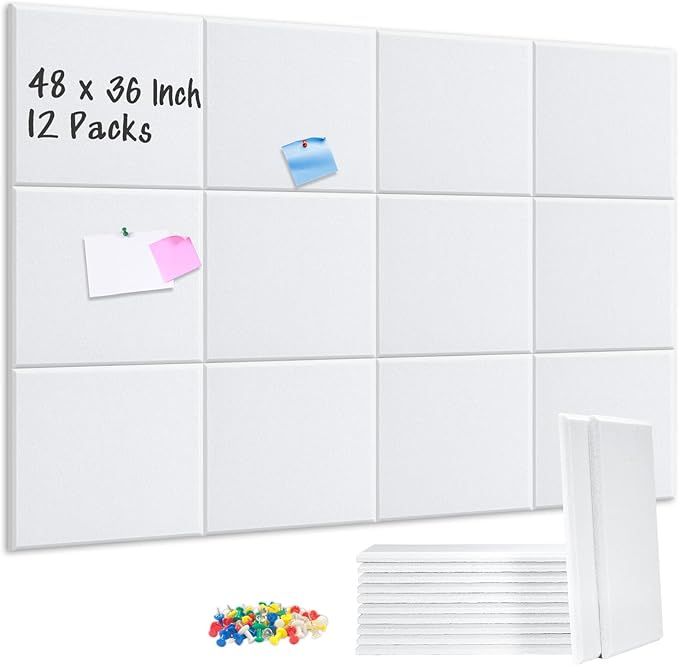 DOLLAR BOSS Large Cork Board for Wall 48" x 36" x 0.5" Bulletin Board 12 Packs Corkboard Tiles Self Adhesive Felt Wall Tiles for Office Home School, White