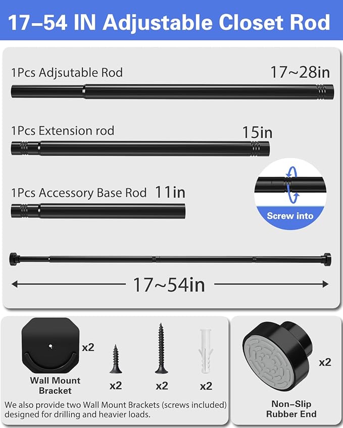 No Drilling Closet Rods for Hanging Clothes, Non Slip Tension Rod with Heavy Duty Clothes Hanging Rod, 17-54 Inches Adjustable Spring Closet Rod for Closet Wardrobe Bathroom Laundry RV, Black