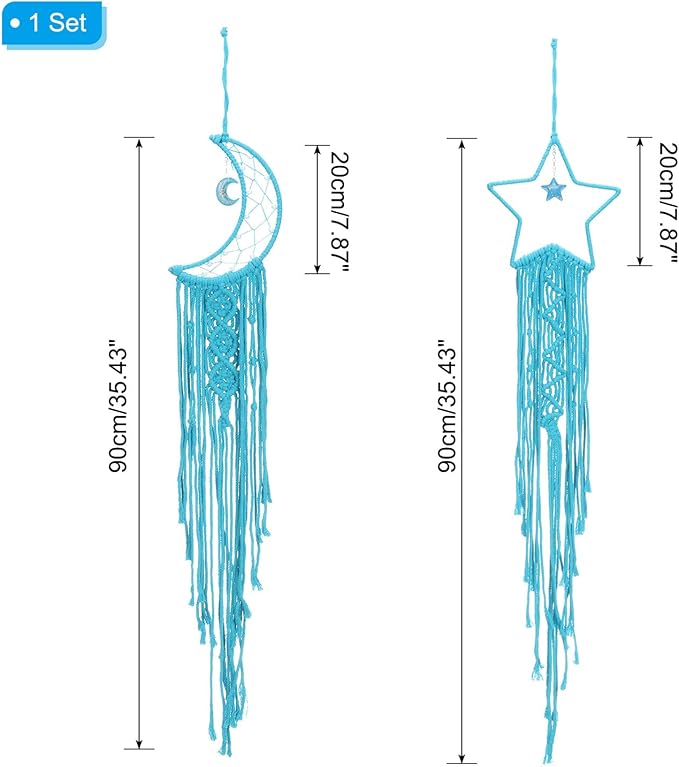 PATIKIL Moon Star Dream Catcher Decor, 39" Boho Dream Catcher Macrame Woven Wall Hanging for Home Decor Bedroom Accessories Cafes Wedding Decoration, Blue
