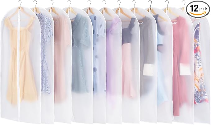 12 Pack Garment Bags for Hanging Clothes - Translucent Dress Bag for Closet Wardrobe Storage Travel - 24" x 49"