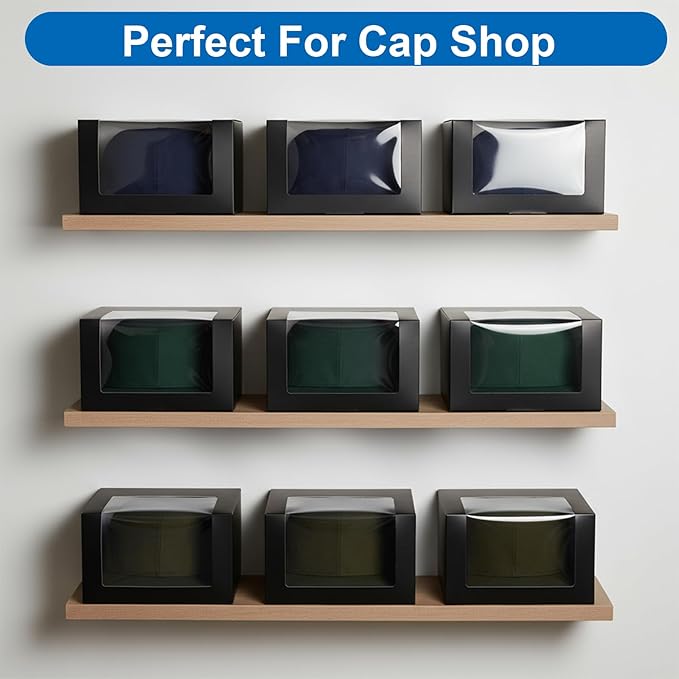 20pcs Hat Boxes for Men Black Hat Gift Box with Window Display Box for Hats Storage Containter,Paper Hats Display Case Fold Box Packing Box for Baseball Caps,Dad Caps,Billed Cap(7.87" x 7.87" x 4.72")