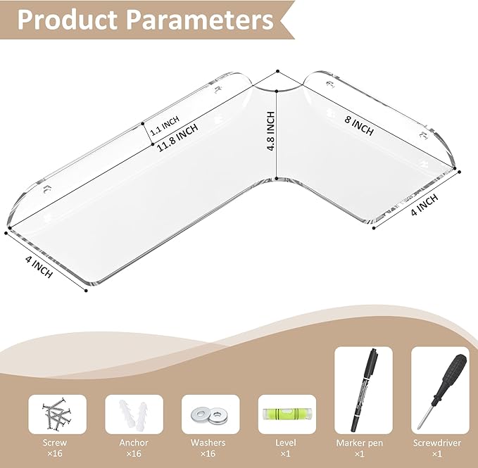 Sezanrpt 8x11.8 Inch Clear Corner Shelf Wall Mount Set of 4, Acrylic Corner Floating Shelves, Wall Organizer Shelf for Bathroom, Kitchen, Bedroom, Living Room, Dining Room, Office