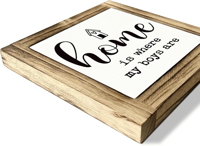 Farmhouse Home Signs, Box Sign Wood Desk Sign Decor, Wood Decoration for Living Room, Shelf Decor, Gift for Boy Mom, Housewarming Gift, Home is Where My Boys are Sign 5.9×5.9 inches