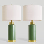 USumkky 25" Green Ceramic Table Lamp Set of 2, Modern Mid-Century Bedside Nightstand Lamps for Bedroom Living Room, Linen Shade & Gold Metal Base, Rotary Switch E26 (Bulbs Excluded)