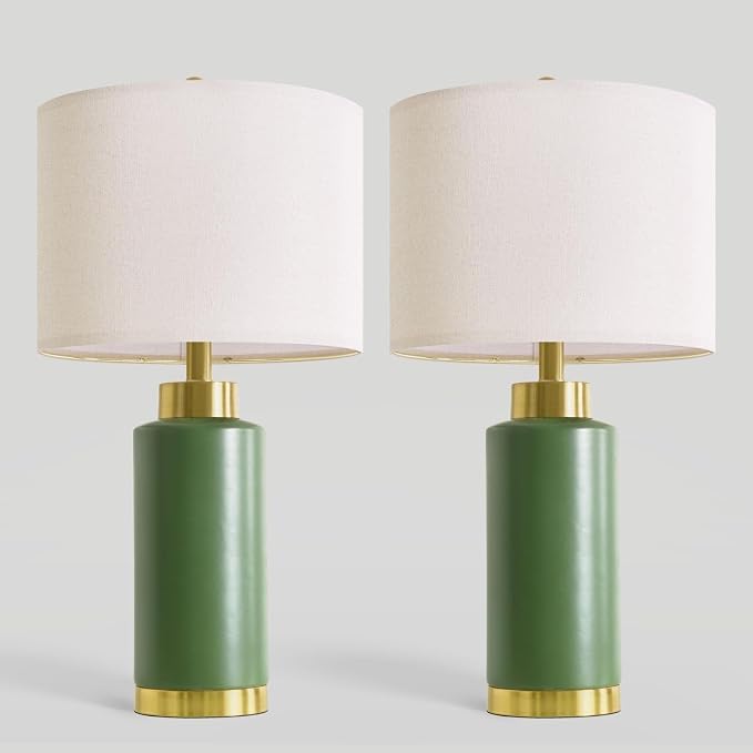 USumkky 25" Green Ceramic Table Lamp Set of 2, Modern Mid-Century Bedside Nightstand Lamps for Bedroom Living Room, Linen Shade & Gold Metal Base, Rotary Switch E26 (Bulbs Excluded)