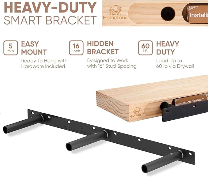 Homeforia Gray Floating Shelf 48 inch, High End Solid Real Wood 48inch Floating Shelves for Wall Mounted, Grey Wooden 48 inches Long Floating Shelves, Heavy Duty Bracket, 48 X 6.5 X 1.75 in, Set of 2