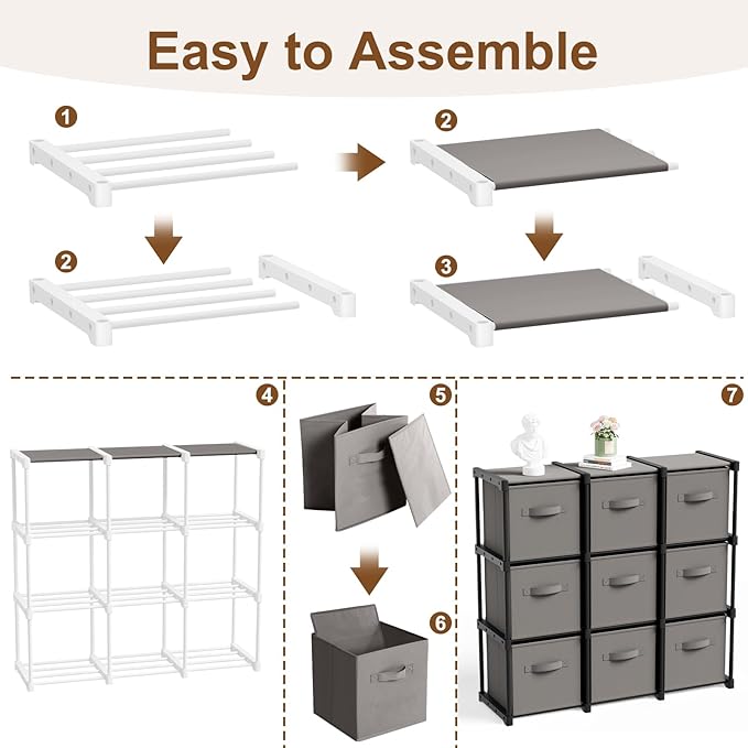 9 Cube Storage Organizer with Shelf Back to School Boxes 11 Inch Toy Storage Bins Closet Organizers Drawers Fabric Dresser for Playroom Books Bedroom Dorm Kitchen (Grey)