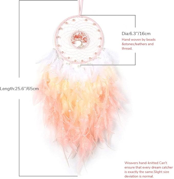 Dreamlike Tree of Life Dream Catcher Wall Decor Pink Dream Catcher with Healing Crystal Stone Handmade Feather Dreamcatchers Home Decor Wall Hanging for Girls Bedroom Living Room Wedding Party-25.6"