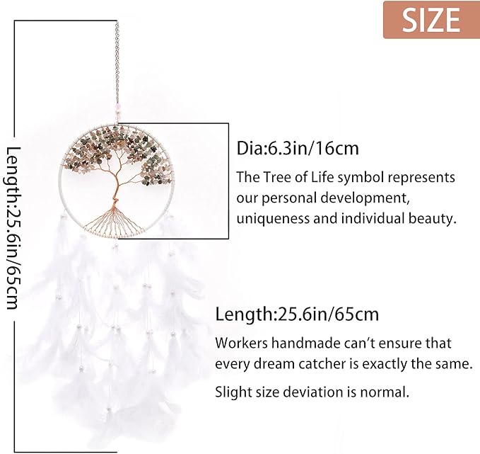 Pretty Jolly Pure White Tree of Life Dream Catcher Wall Decor with Healing Crystal Stone Handmade Feather Dream Catchers Decoration Wall Hanging Bedroom Living Room Wedding Party Home Decor-25.6"