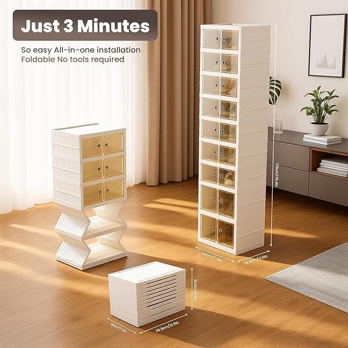 Elayce Foldable Shoe Rack Organizer, 9-Tier (8+1 Tall) Double-Row Shoe Storage Cabinet, Installation-Free Stackable Shoe Boxes with Clear Magnetic Doors for Entryway & Closet (White) (2)