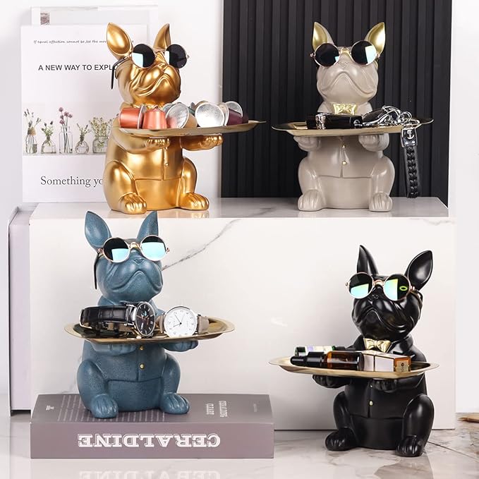 Modern Decor Resin Gray Bulldog Tray Statue Tray Storage Key Holder Candy Jewelry Earrings Tray Suitable for Home Decor Modern Art Dining Table Decor Office Small Object Tray (Gray)