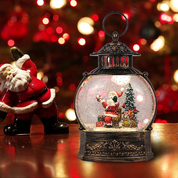 Wondise Lighted Christamas Snow Globe Lantern with Timer, 11.2 Inch USB Plug-in & Battery Operated Spinning Water Glitters Lighted Singing Snow Globe(Santa)