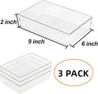 Clear Drawer Organizer Bins Set, Transparent Rectangle Trays, Dresser Bathroom Makeup Vanity Organization and Storage Bins Office Desk Drawer Dividers Organizers (3pc - 9×6×2")