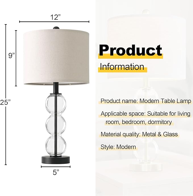 Oneach 25" Glass Table Lamps Set of 2, Black Modern Table Lamps with USB Ports for Living Room, Linen Shade Bedside Lamps for Bedroom, Nightstand, Side Table (Bulbs not Included)