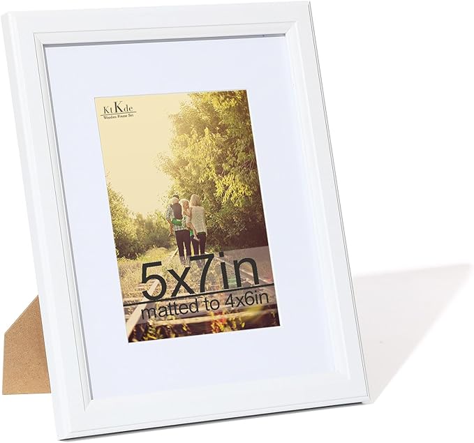KTKDE 5x7 Picture Frame, Photo Frame White with Real Glass for Picture 4x6 photo with Mat or 5x7 photo without Mat, Composite Wood Picture Frames for Table Top and Wall best gift