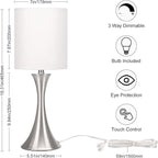 Touch Control Table Lamp, 3-Way Dimmable Bedside Lamp for Living Room, Modern Nightstand Lamp for Bedroom, Silver Table Lamp with White Shade, Desk Lamp for Dorm, Home, Office, 3000K LED Bulb Included