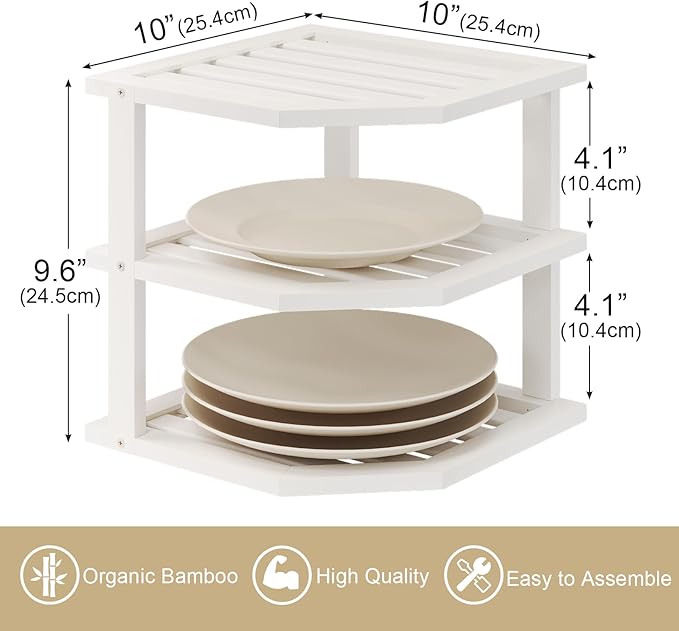 VERTORGAN 3 Tier Bamboo Corner Shelf(2 Pack),Dish Drying Rack,Plate Organizer,Kitchen Spice Rack for Countertop and Cabinet(White)