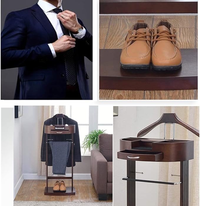 Valet Stand for men, Wood Suit Rack, Freestanding clothing valet stand, valet stand for women with Drawer, Top Tray, Contour Hanger, Trouser Bar, Tie & Belt Hooks and Shoe Rack organizer