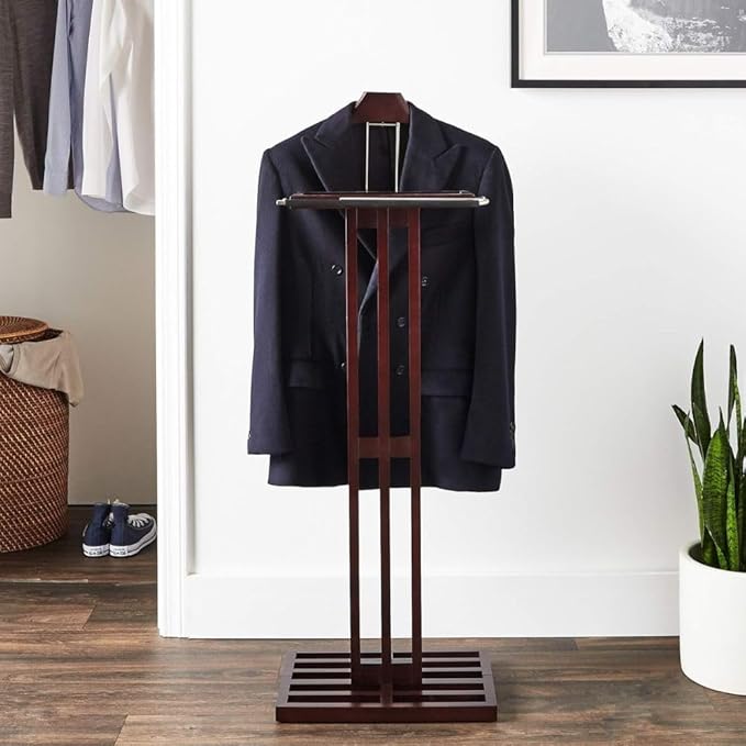 Freestanding Wooden Suit Valet Stand with Hanger Storage Tray Tie Hook Classic Wardrobe Organizer for Bedroom Office Closet, Dark Mahogany