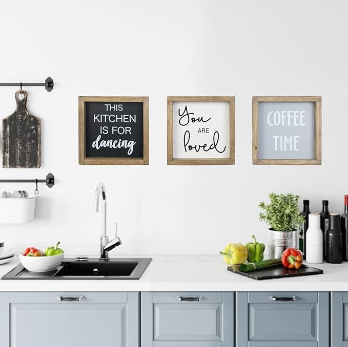 Joy Choice 8x8inch Kitchen Signs Wall Decor Farmhouse, This Kitchen Is For Dancing Wooden Signs Personalized, Home Table Sign With Solid Wood Frame.