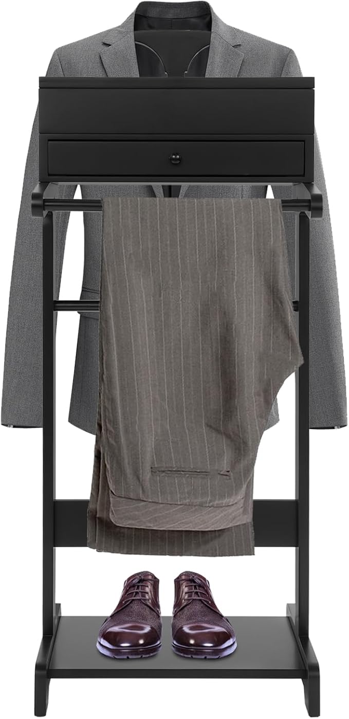 Suit Valet Stand Black, Freestanding Clothes Rack with Drawer & Shoe Rack, 33lbs Capacity, for Bedroom Hotel Entryway