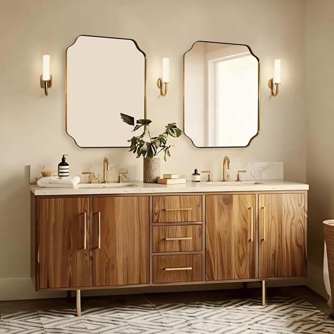 ANDY STAR Square Gold Vanity Mirrors, 24"x24" Brushed Brass Scalloped Bathroom Mirror, Antique Wall Mirror with Anti-Rust Stainless Steel Frame, Rounded Notched Corner Design Ideal for Home Deocr