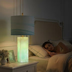 Scenekoy 23" Alabaster Table Lamp Set of 2 with Night Light for Bedroom Living Room, Rotary Switch, Blue Table Lamp with Linen Shade, Modern Nightstand Lamps for Room Bedside Bedroom (Bulb Included)
