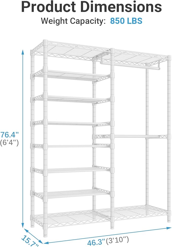 VIPEK S2 Heavy Duty Clothes Rack with Shoe Shelves Freestanding Clothing Rack with 6-Tier Shoe Rack, Double Hanging Rod, Adjustable Shelf, Walk in Closet Organizer Garment Rack, White