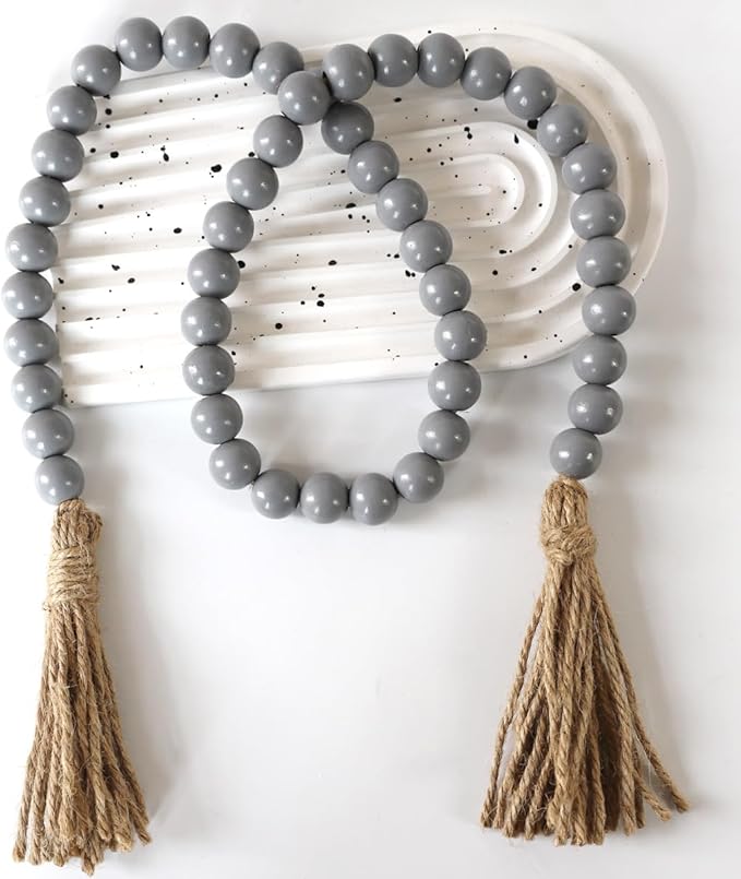 Boho Decor Wood Beads Garland Farmhouse Wall Hanging Decorations Natural Wooden Bead Tassel Decorative for Coffee Table Christmas and Prayer (Gray, 39")