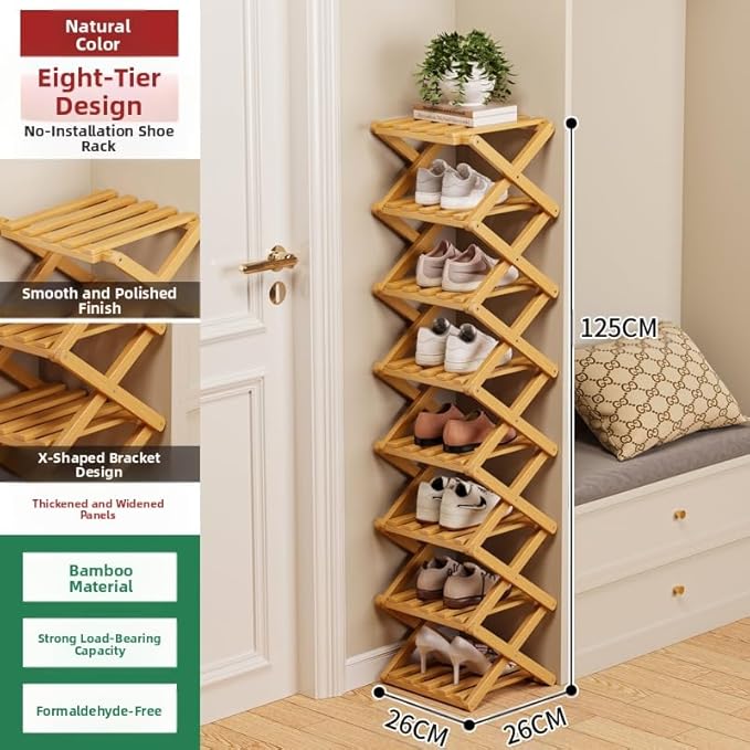 Bamboo Shoe Rack Organizer, 2-10 Tiers, Natural or Tea Color, No-Tool Assembly, Foldable Storage Shelf (Installation Free 8 Layers 30-Primary Colors)
