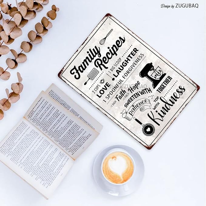 Funny Kitchen Signs Decor-Kitchen Farmhouse Decor-Personalized Kitchen Metal Sign-Retro Kitchen Counter Accessories-12x8 Inch Hanging Plaque Home Wall Decorations-Family Recipes