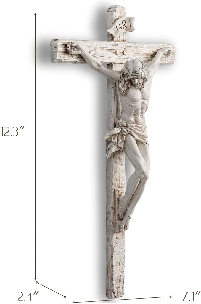 DevotedWalls Jesus Christ at Calvary Crucifix INRI Wall Cross,Resin Hand Sculpted Detailed Jesus Christ Wall Cross,12" H Holy Jesús Corpus Wall Crucifix for Catholic Gifts（Antique White）