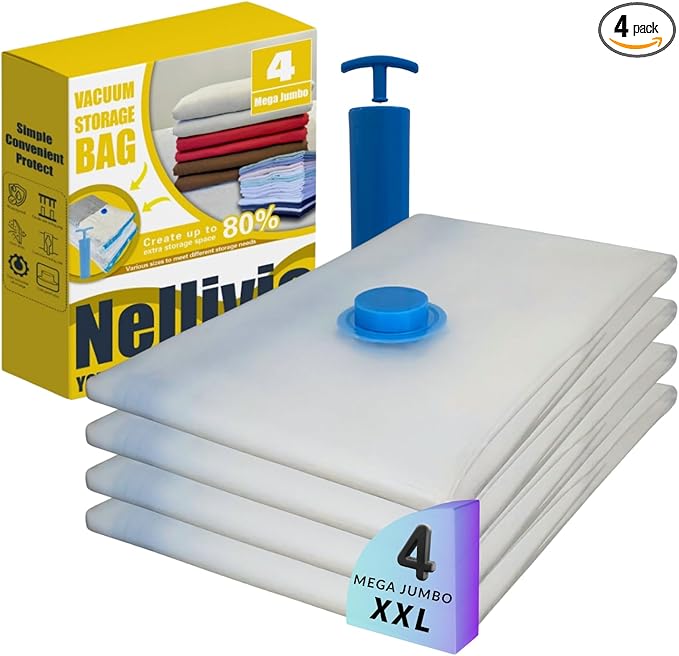4 Mega Jumbo XXL Vacuum Storage Bags with Pump (47x35in), Supersized Compression Space Saver for Comforter, duvet, Bedding, Blanket storage, Vacuum Seal Bags for Clothing, Stuffed Toy, Cushions