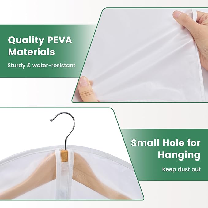 Translucent Garment Bags for Hanging Clothes - Frosted Clothes Storage Bags for Suits, Dresses, Closet Storage - 10 Pack